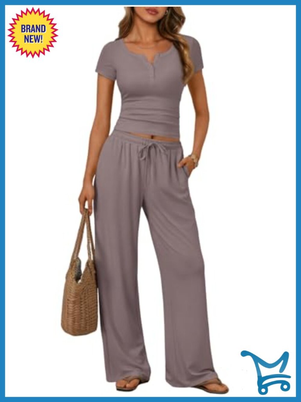 Henley Neck Crop Top Wide Leg Pants Matching Lounge Set